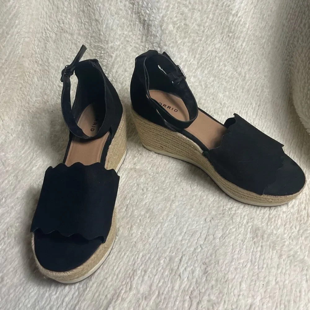 Torrid Synthetic black suede Espadrilles Wedge platform ankle strap Sandal SZ13W